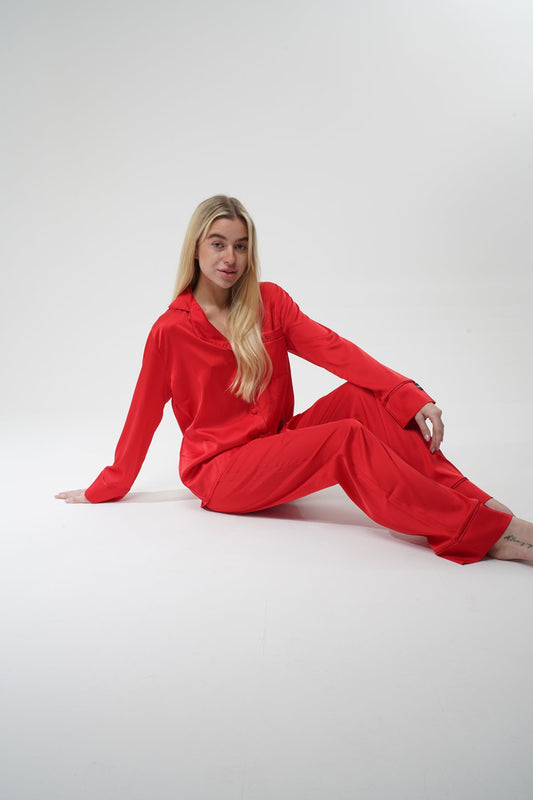 Kırmızı İpek Saten Pijama Takımı | COCOLARSİ - Modaludo