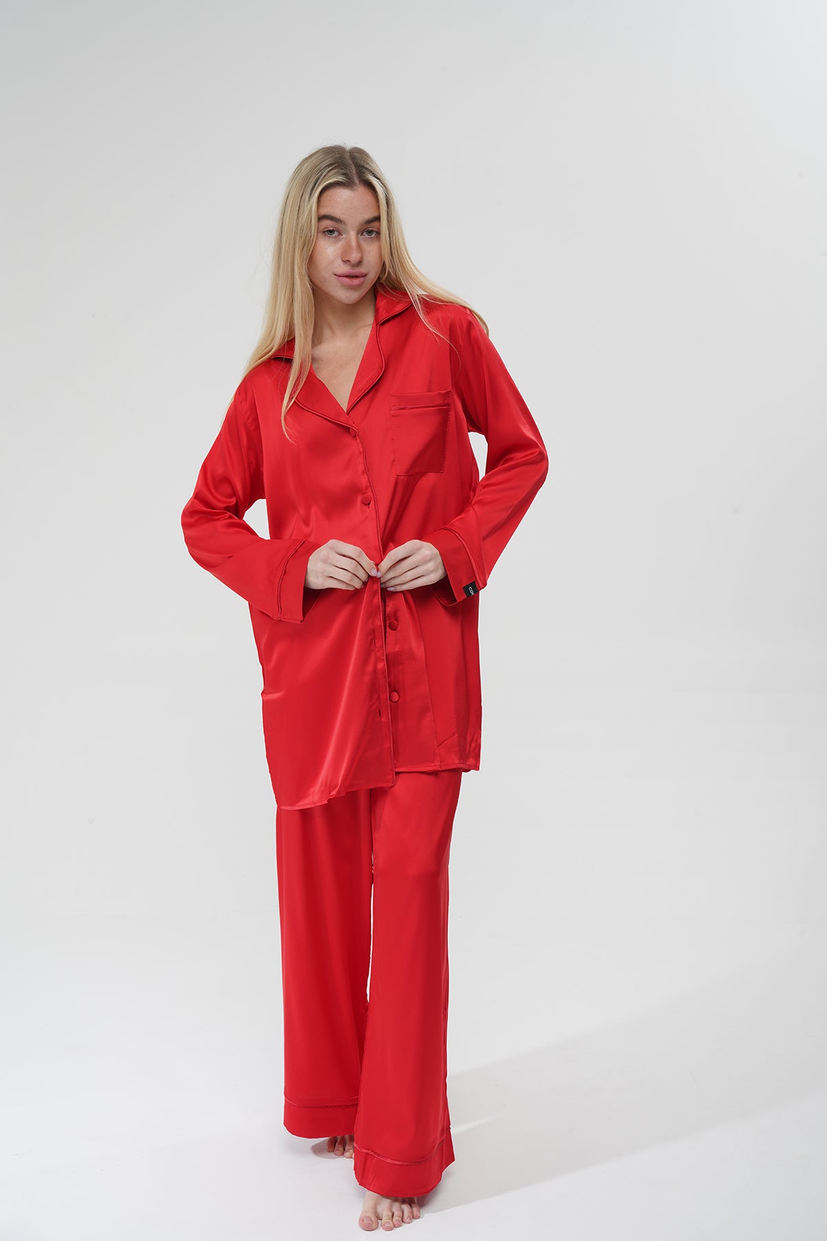 Kırmızı Saten Üçlü Pijama Takım | COCOLARSİ - Modaludo