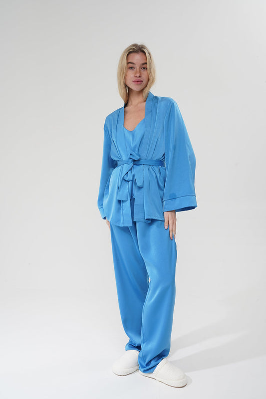 Mavi Viskon Üçlü Pijama Takımı | MODALUDO - Modaludo