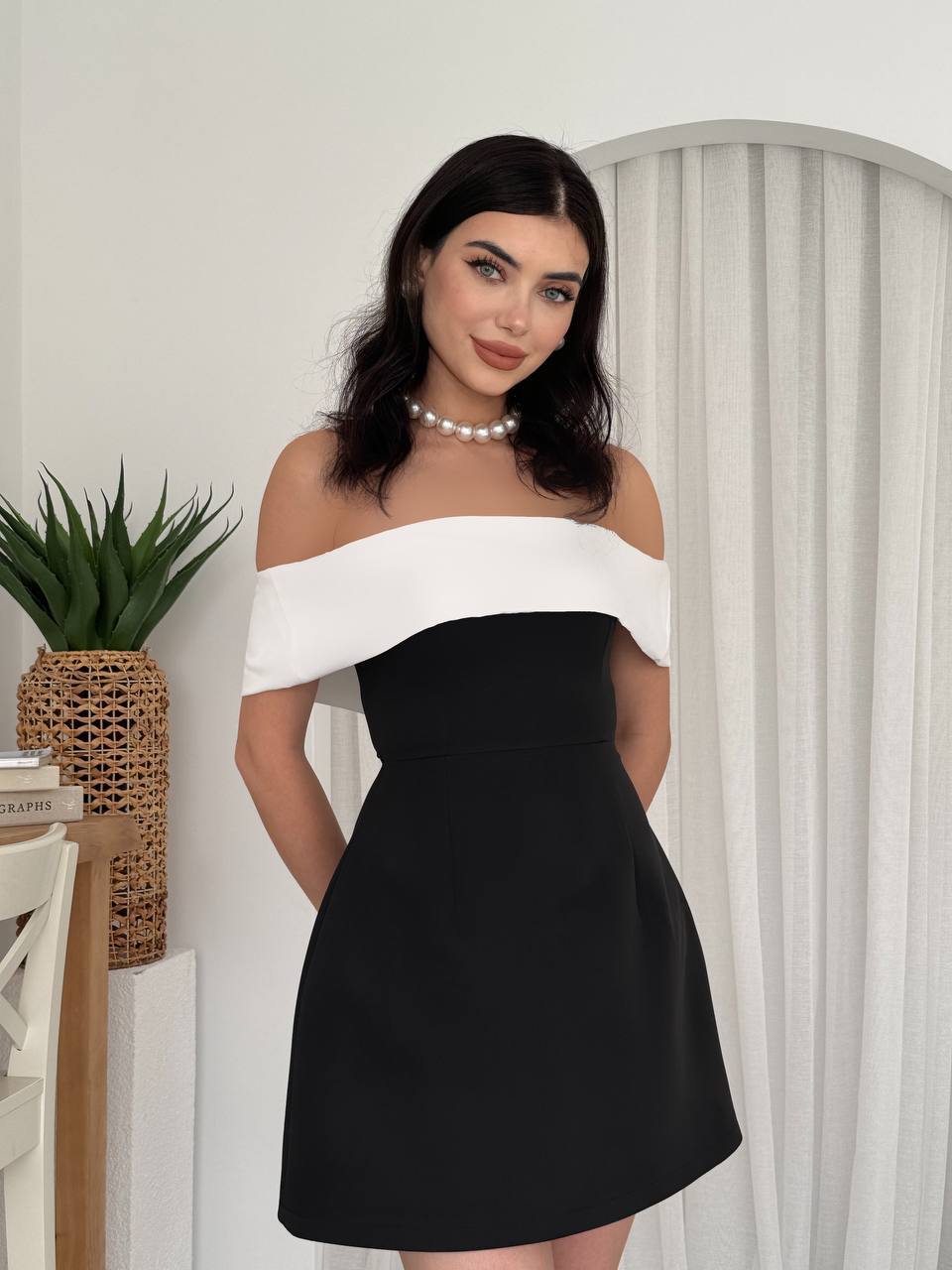 Siyah - Beyaz Mini Elbise - Modaludo