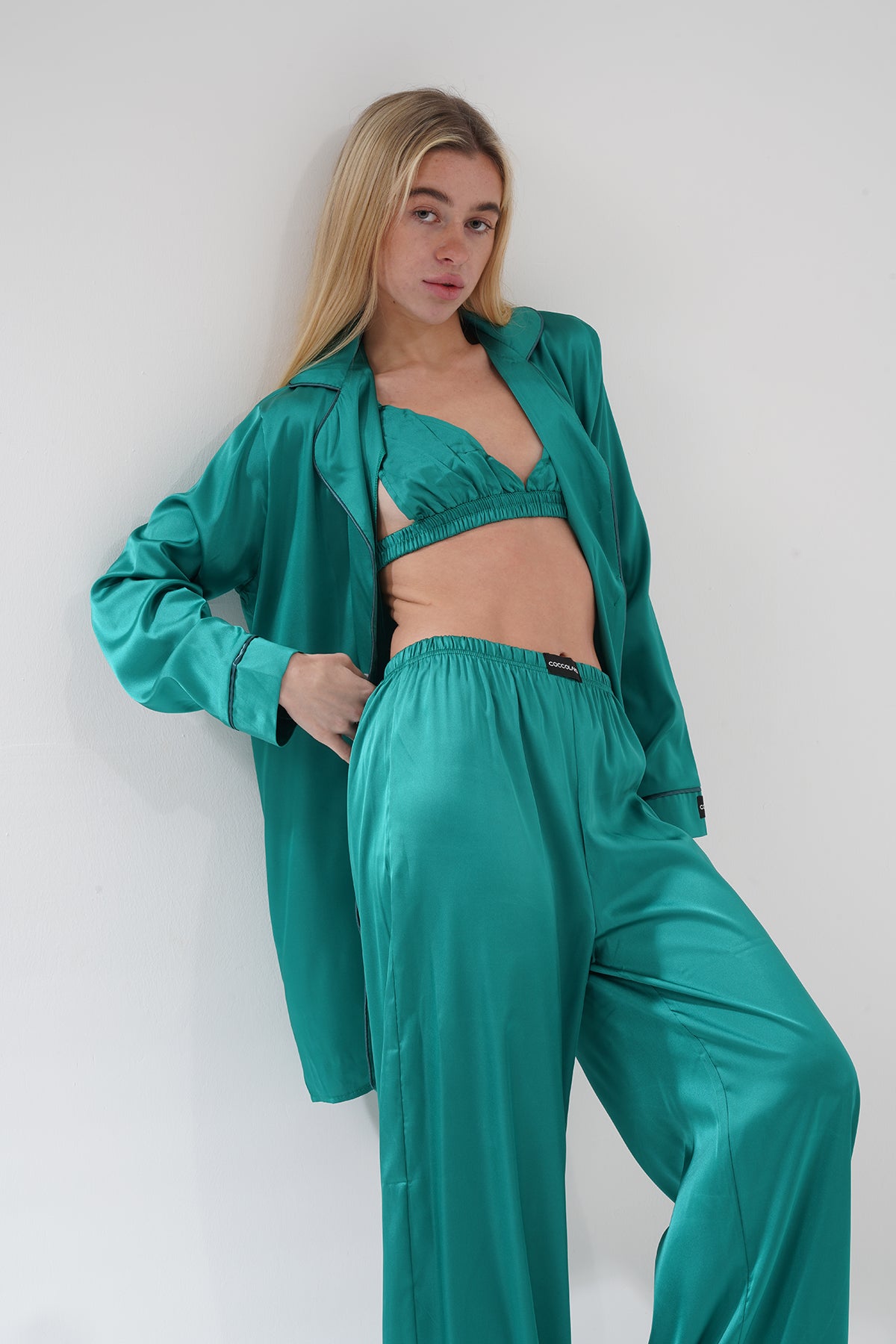 Yeşil Üçlü Saten Pijama Takımı | COCOLARSİ - Modaludo