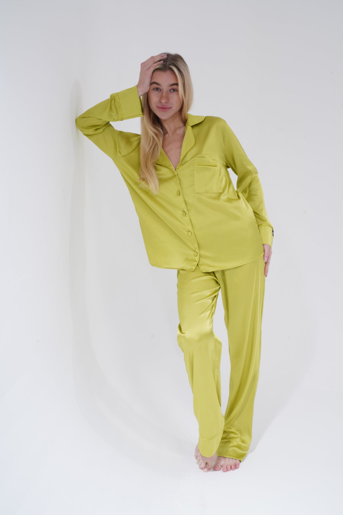 Zeytin Yeşili Saten Pijama Takımı | COCOLARSİ - Modaludo