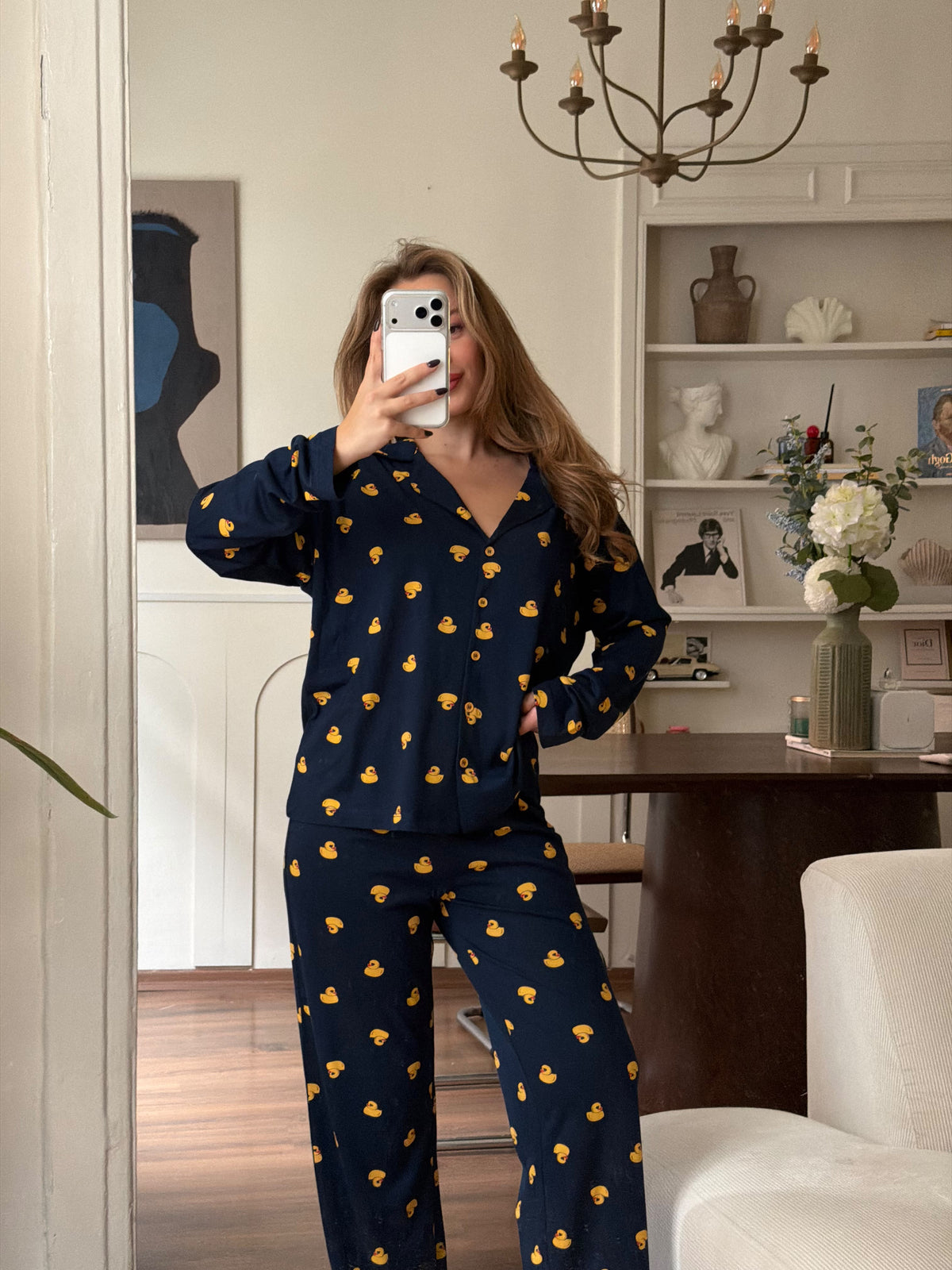 Modal Pamuk Lacivert Ördek Desenli Düğmeli Pijama Takımı