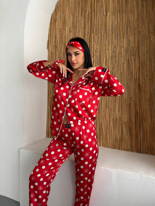 Yılbaşı Özel Pembe Desenli Kadın Saten Pijama Takımı