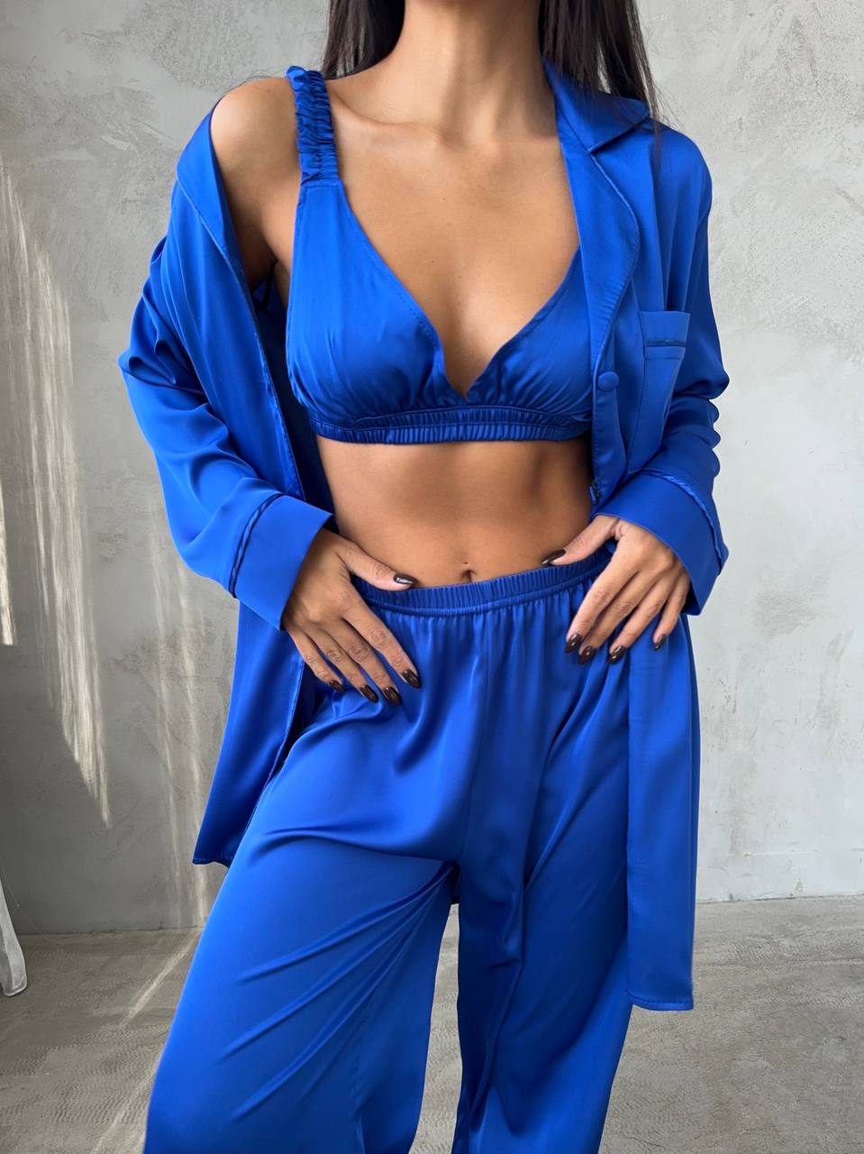 Lacivert Saten Pijama Takımı