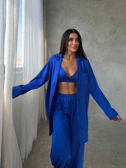 Lacivert Saten Pijama Takımı