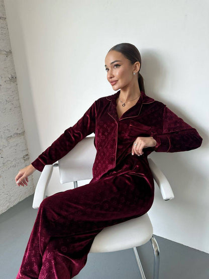 Lüks Kadife Desenli Pijama Takımı – Bordo