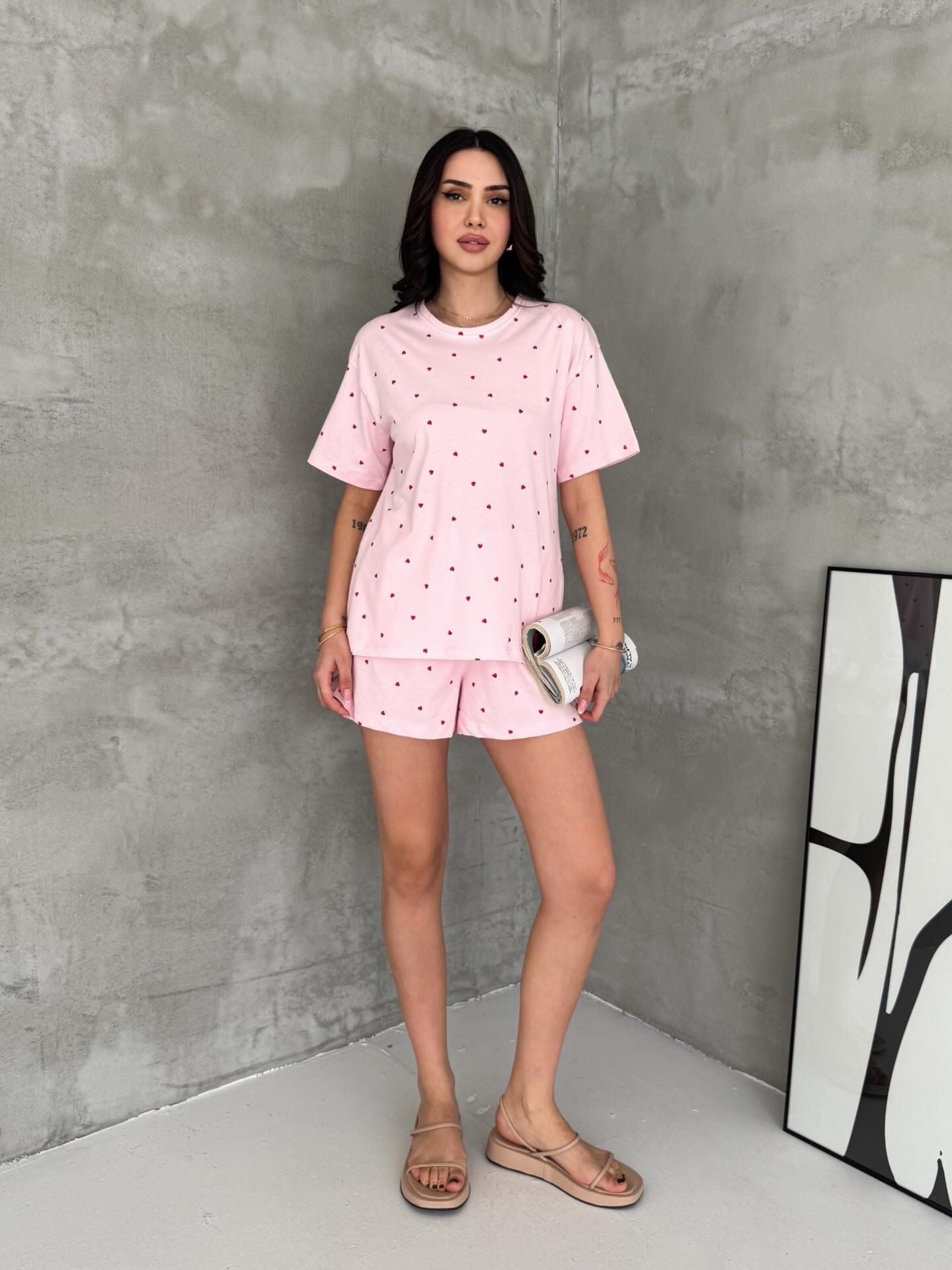 %100 Pamuk Kalp Desenli Şortlu Pijama Takımı – Pudra Pembe