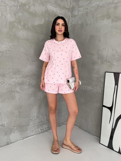 %100 Pamuk Kalp Desenli Şortlu Pijama Takımı – Pudra Pembe