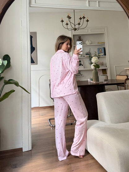 %100 Pamuklu Pembe Kalp Desenli Kadın Pijama Takımı