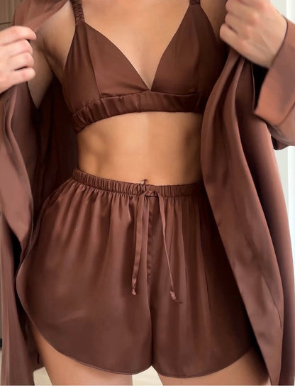 ÖN SİPARİŞ🍂 Kahve Saten 3’lü Şortlu Pijama Takımı & Sabahlık