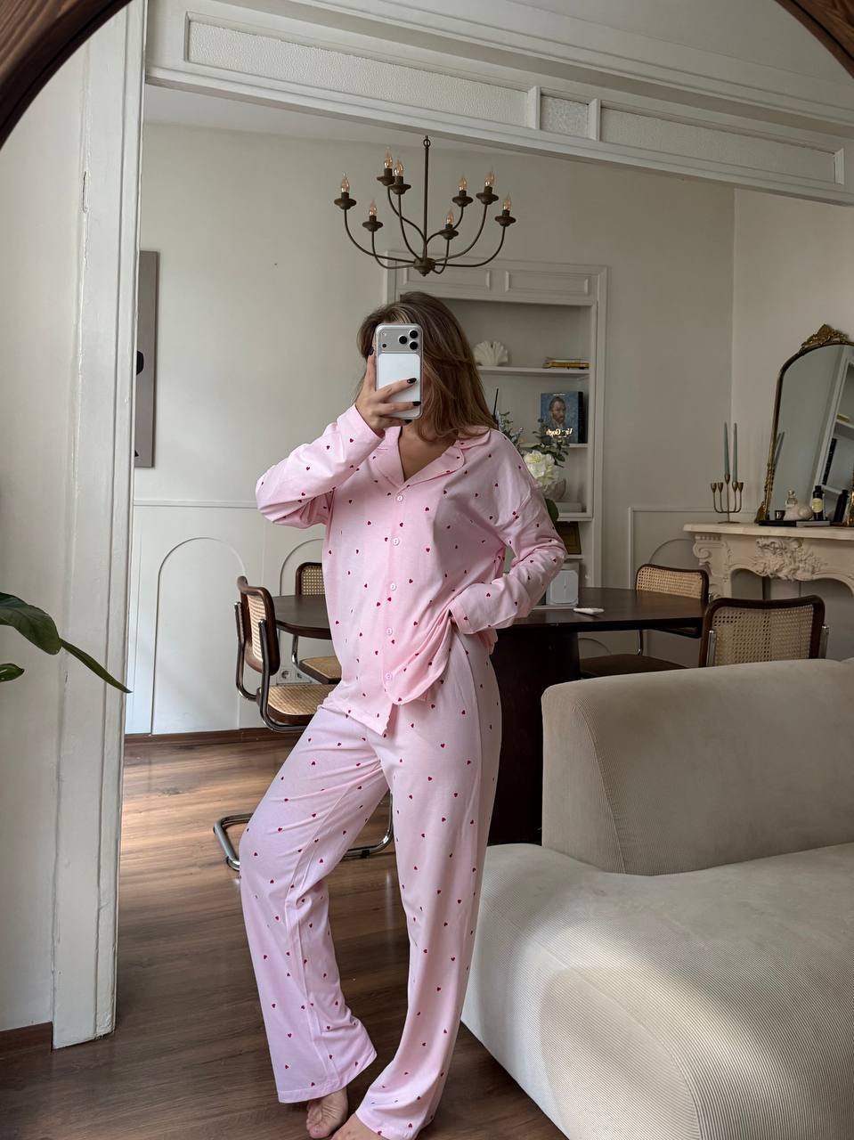 %100 Pamuklu Pembe Kalp Desenli Kadın Pijama Takımı