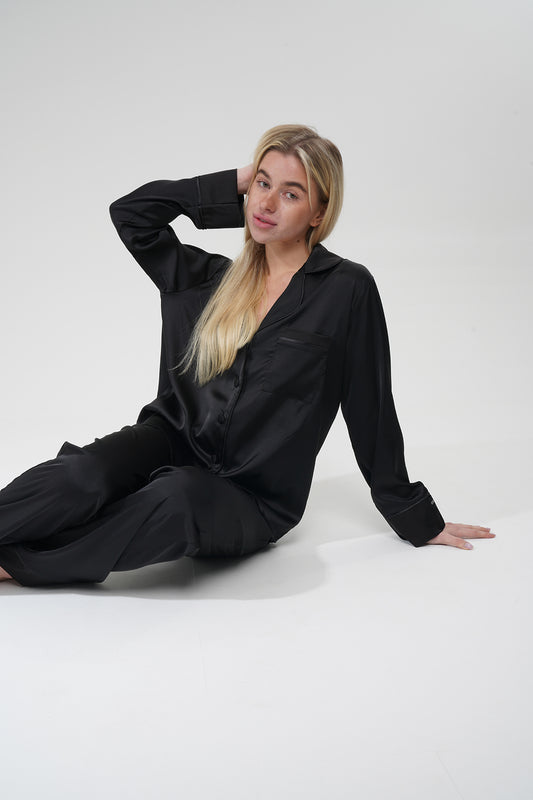 Siyah İpeksi Saten Pijama Takımı | COCOLARSİ