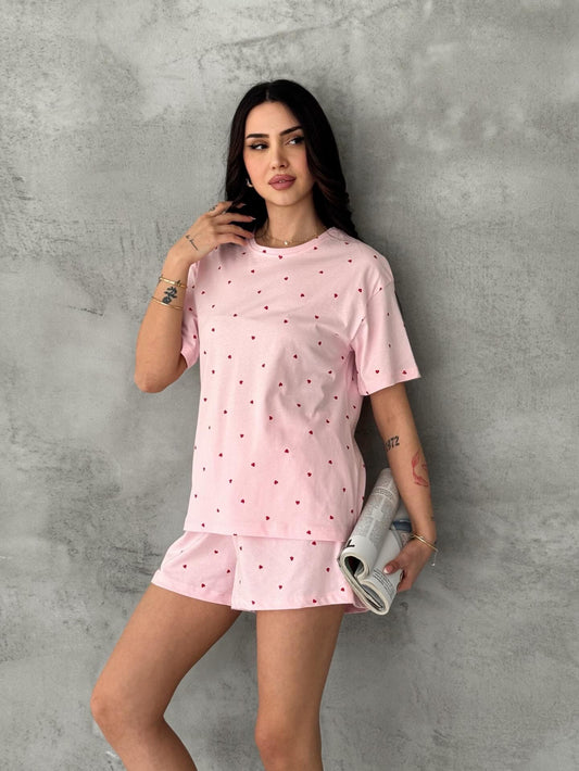%100 Pamuk Kalp Desenli Şortlu Pijama Takımı – Pudra Pembe