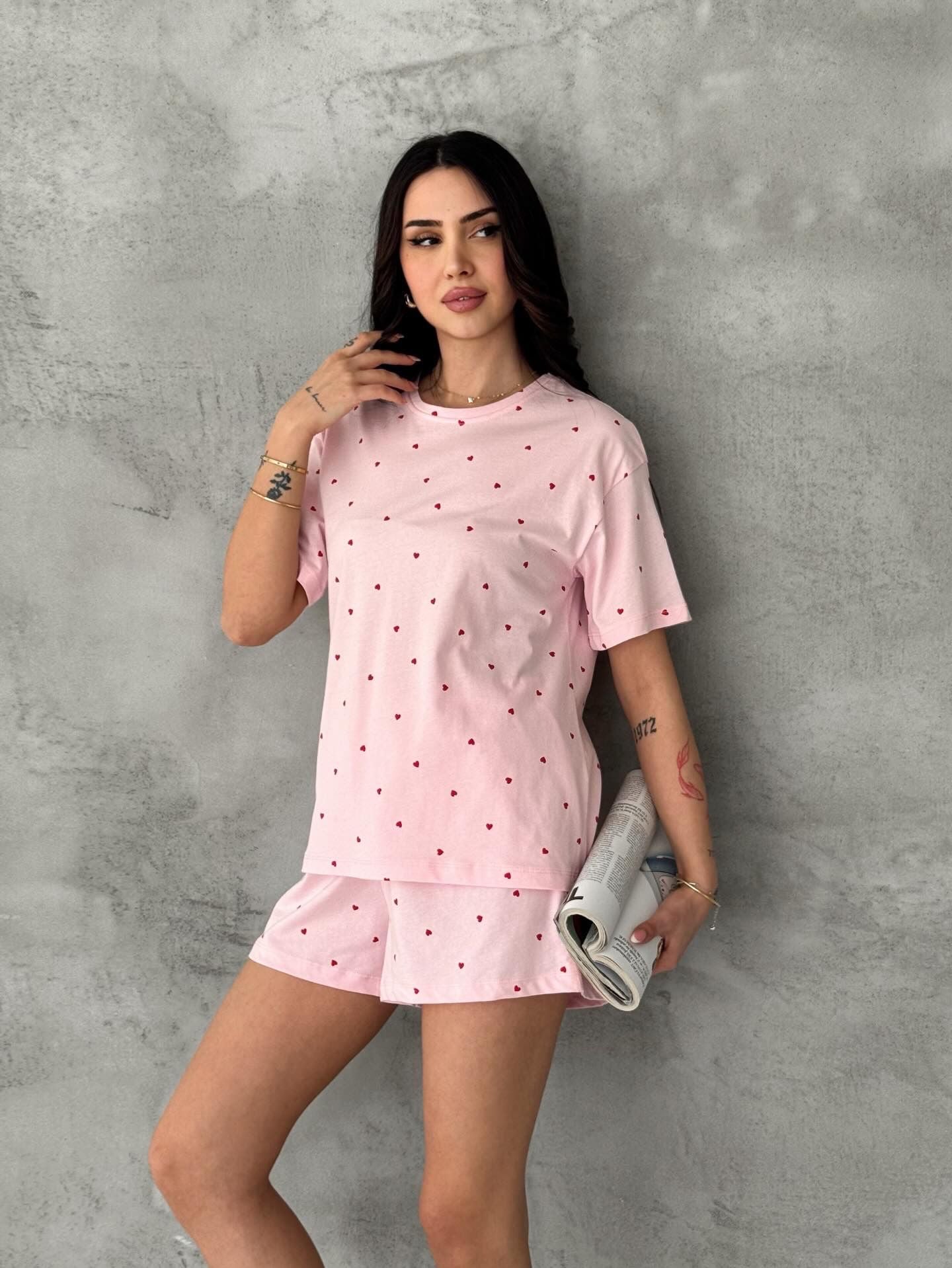 %100 Pamuk Kalp Desenli Şortlu Pijama Takımı – Pudra Pembe