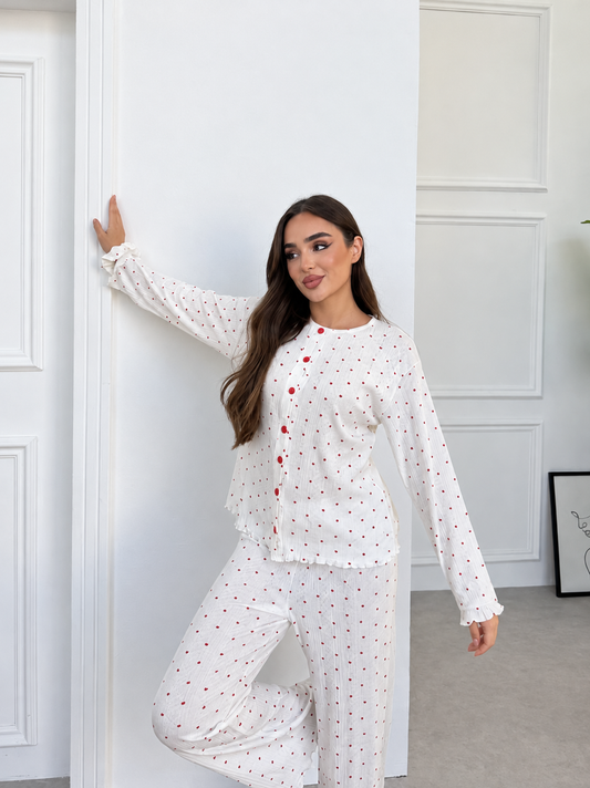 %100 Pamuk Kırmızı Puantiyeli Düğmeli Pijama Takımı