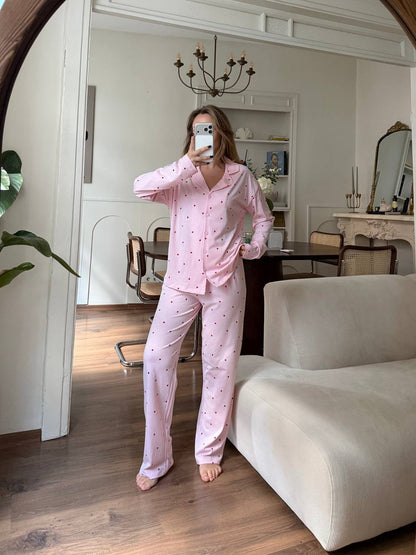 %100 Pamuklu Pembe Kalp Desenli Kadın Pijama Takımı