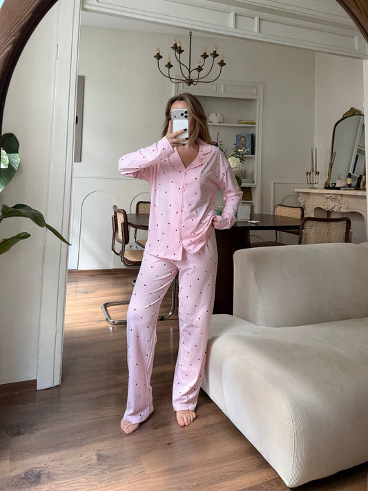 %100 Pamuklu Pembe Kalp Desenli Kadın Pijama Takımı