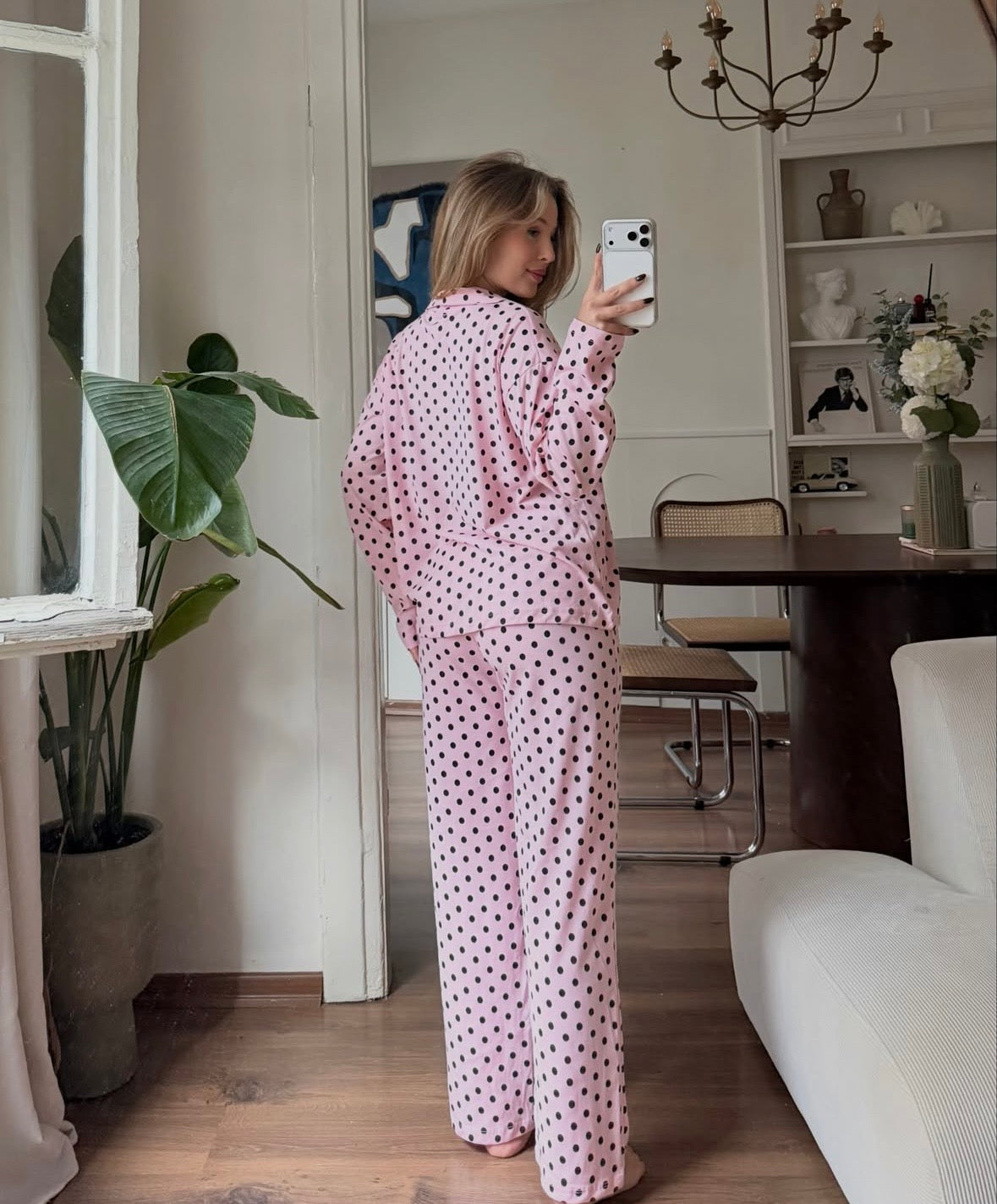 %100 Pamuklu Pembe Siyah Puantiyeli Kadın Pijama Takımı