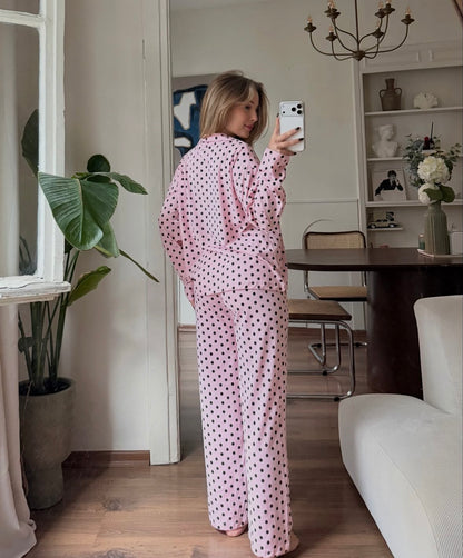 %100 Pamuklu Pembe Siyah Puantiyeli Kadın Pijama Takımı