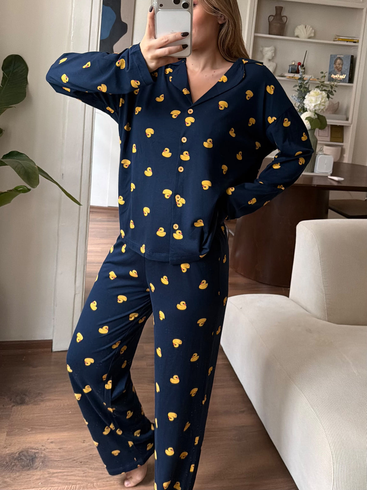Modal Pamuk Lacivert Ördek Desenli Düğmeli Pijama Takımı