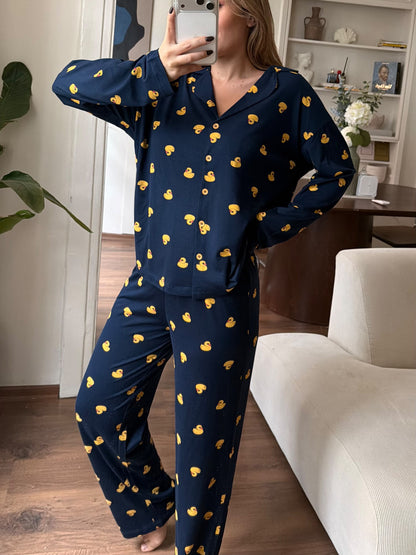 Modal Pamuk Lacivert Ördek Desenli Düğmeli Pijama Takımı