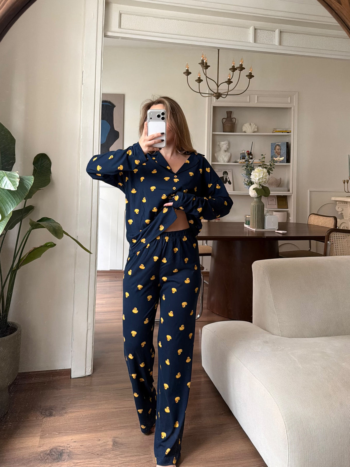 Modal Pamuk Lacivert Ördek Desenli Düğmeli Pijama Takımı