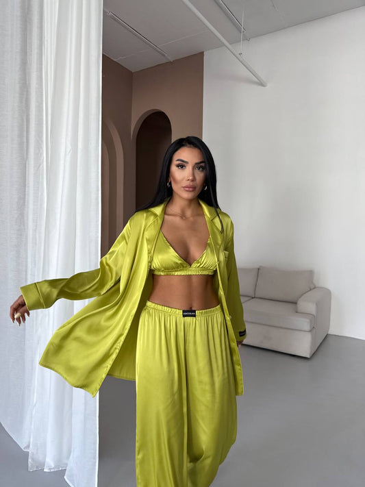 Zeytin Yeşili Saten Pijama Takımı