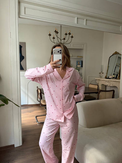 %100 Pamuklu Pembe Kalp Desenli Kadın Pijama Takımı