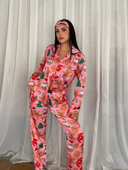 Yılbaşı Özel Pembe Desenli Kadın Saten Pijama Takımı