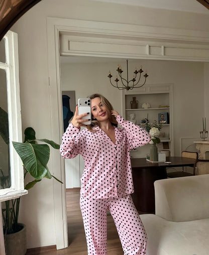 %100 Pamuklu Pembe Siyah Puantiyeli Kadın Pijama Takımı