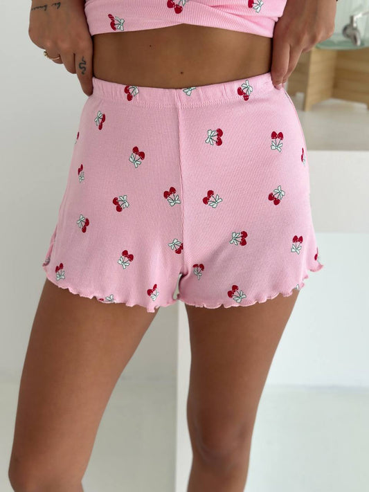 Cherry Desenli Kaşkorse Viskon Şortlu Pijama Takımı – Pembe