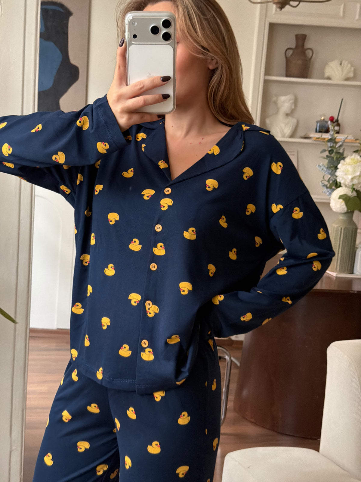 Modal Pamuk Lacivert Ördek Desenli Düğmeli Pijama Takımı