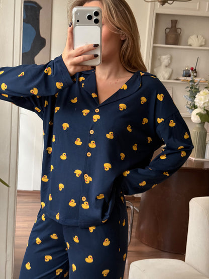 Modal Pamuk Lacivert Ördek Desenli Düğmeli Pijama Takımı