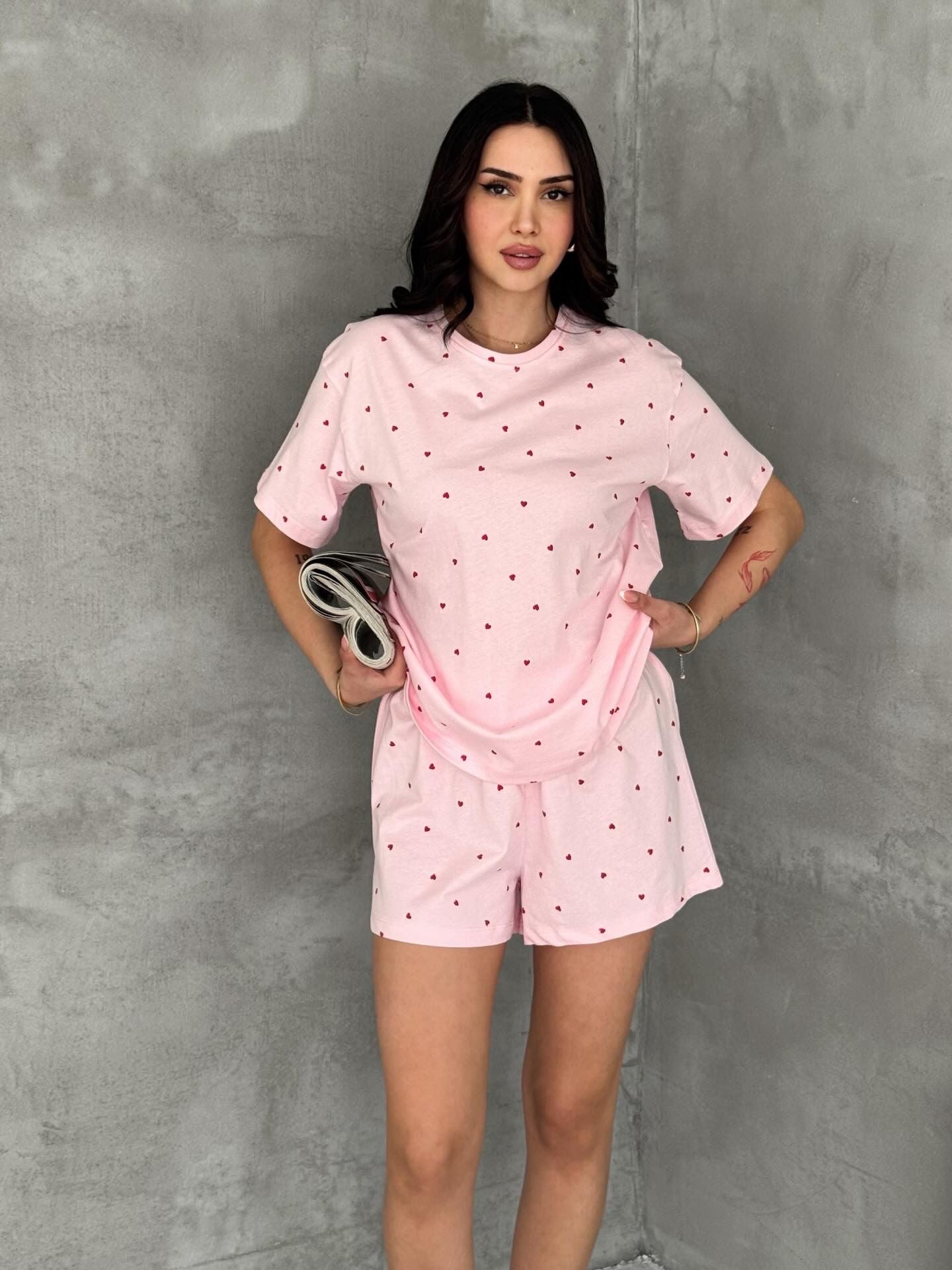 %100 Pamuk Kalp Desenli Şortlu Pijama Takımı – Pudra Pembe