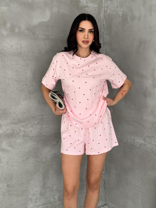 %100 Pamuk Kalp Desenli Şortlu Pijama Takımı – Pudra Pembe