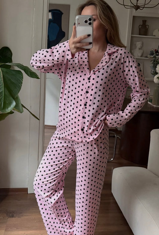 %100 Pamuklu Pembe Siyah Puantiyeli Kadın Pijama Takımı