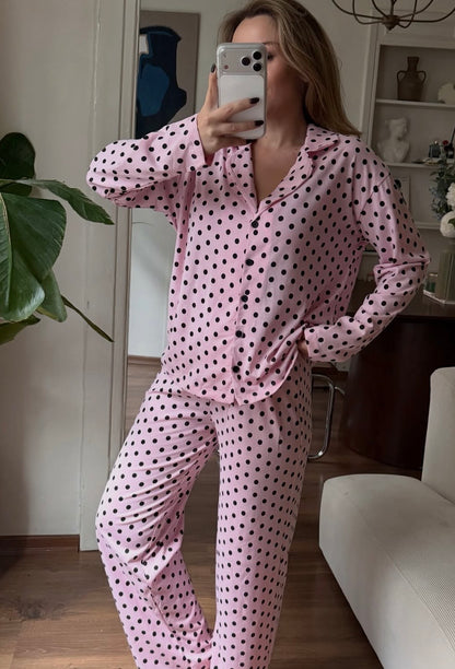 %100 Pamuklu Pembe Siyah Puantiyeli Kadın Pijama Takımı