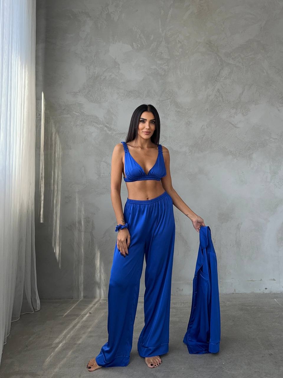 Lacivert Saten Pijama Takımı