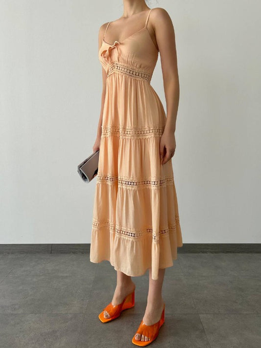 Chic Peach Lace-Trimmed Midi Dress - Perfect for Special Occasions