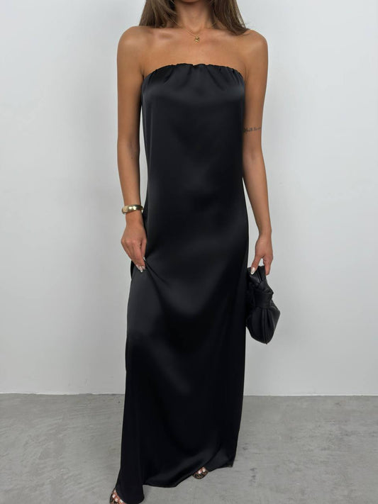 Black Strapless Back Low-cut Maxi Dress