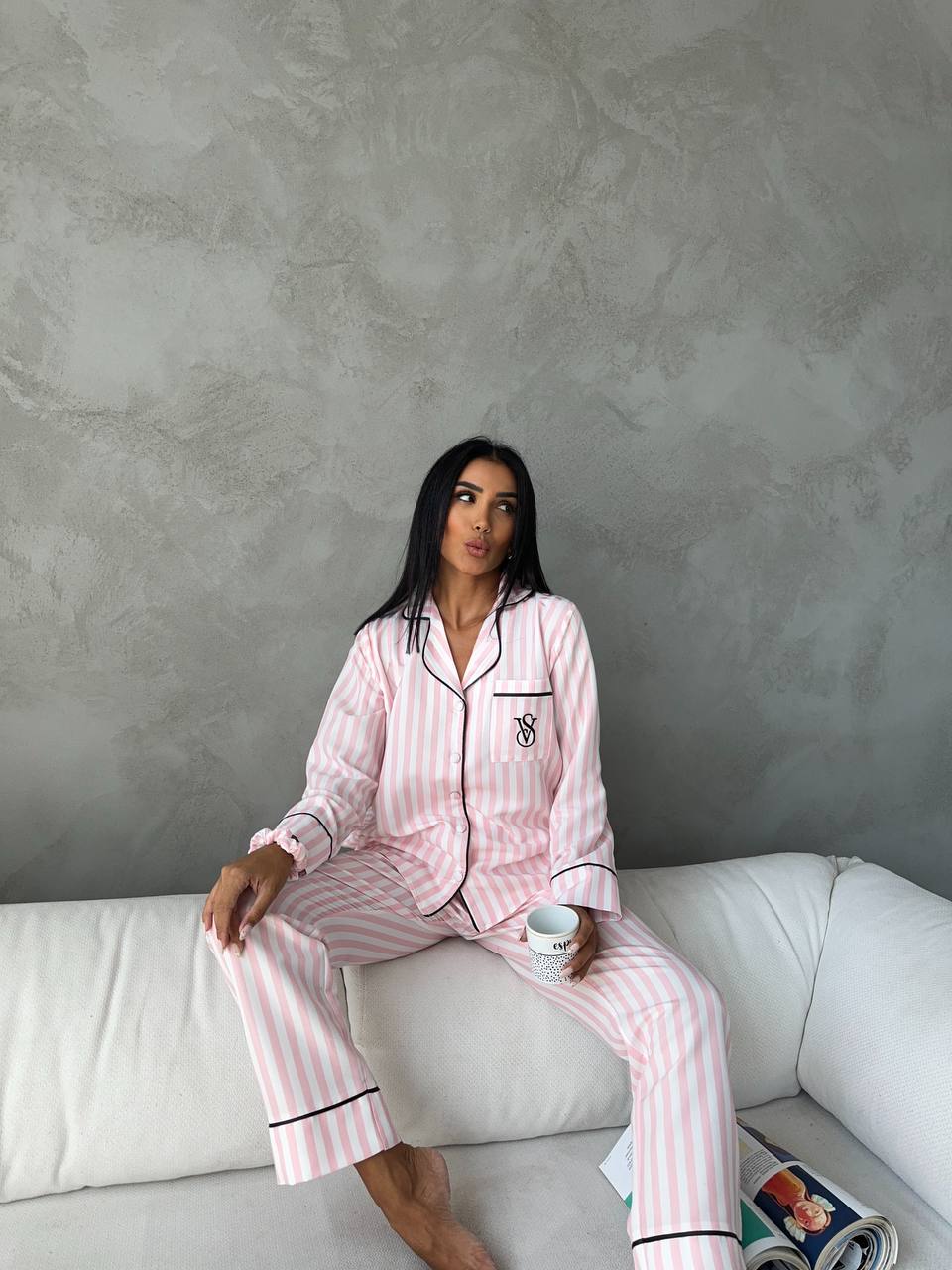 Pembe Çizgili  Pijama Takımı (Dar Kalıp)