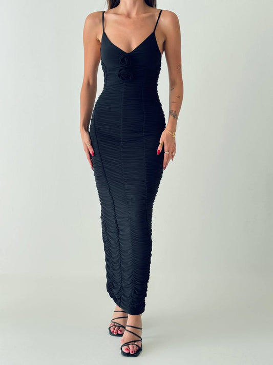 Elegant Ruched Bodycon Maxi Dress with Rose Detail
