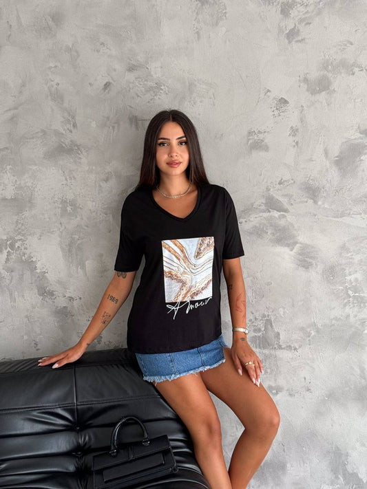 Abstract Marble Print Tee with Stylish Script