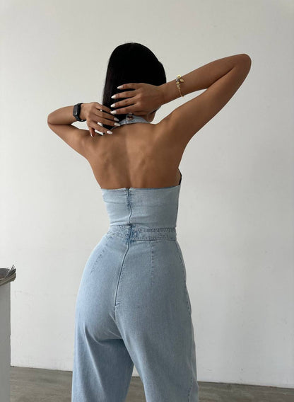 Chic Sleeveless Denim Wide-Leg Jumpsuit