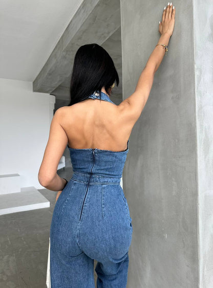 Chic Sleeveless Denim Wide-Leg Jumpsuit