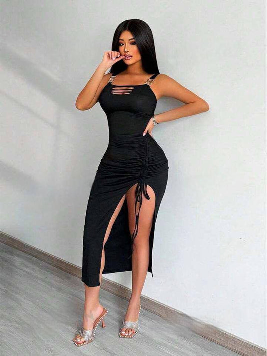 Elegant Ruched Midi Dress with Adjustable Slit and Cut-Out Detail