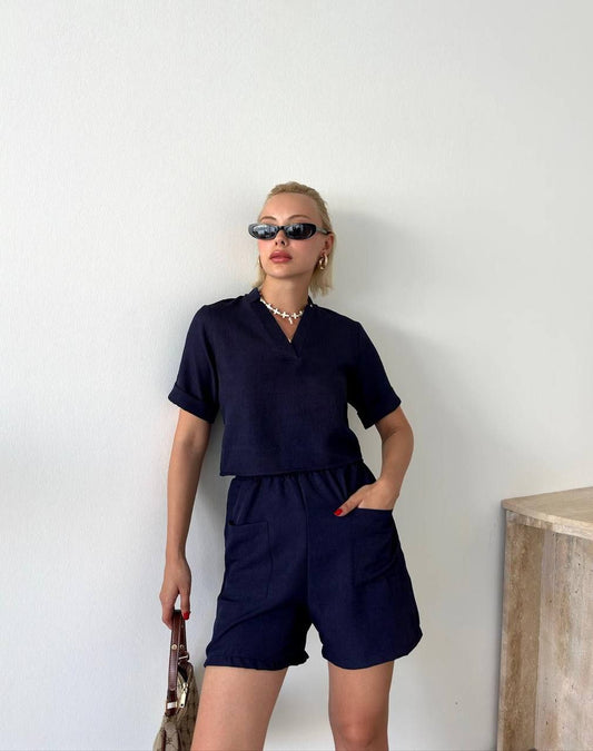 Navy Blue Co-ord Set - Casual V-neck Top & Shorts