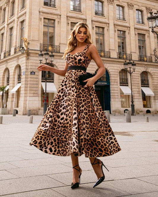 Elegant Leopard Print Midi Dress with Black Waistband