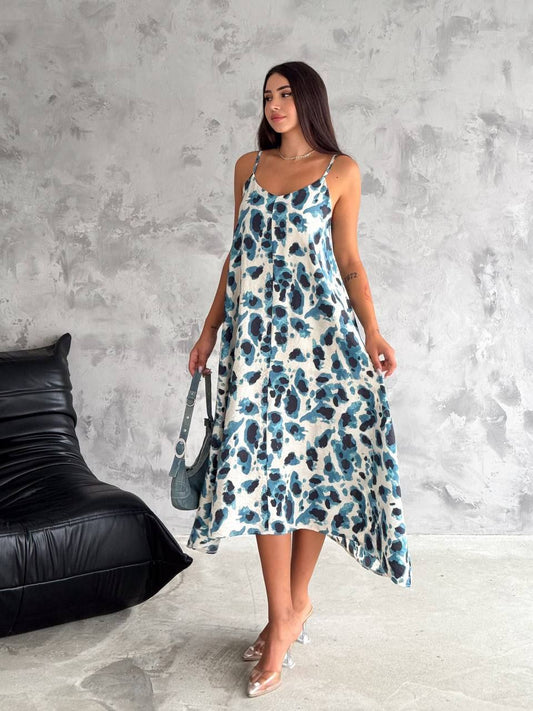 Chic Blue & Black Leopard Print Asymmetrical Summer Dress